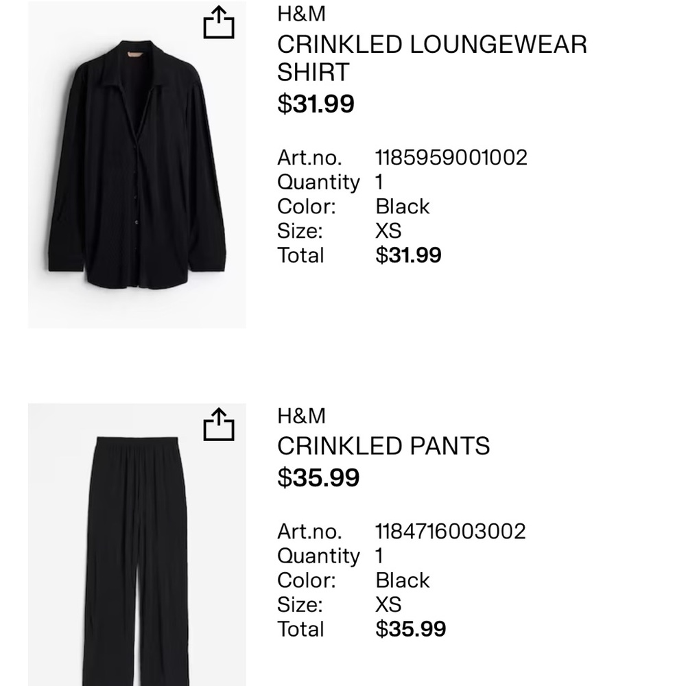 H&M Black Crinkled Shirt and Pants Set